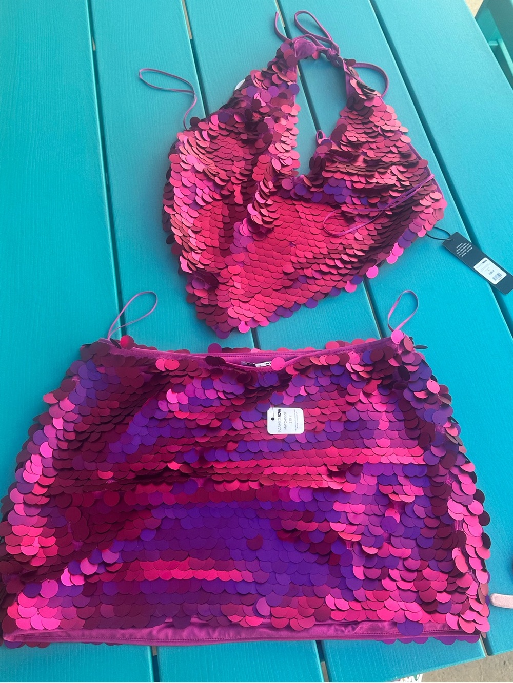 Bright Magenta/pink Sequin Halter and miniskirt set MED